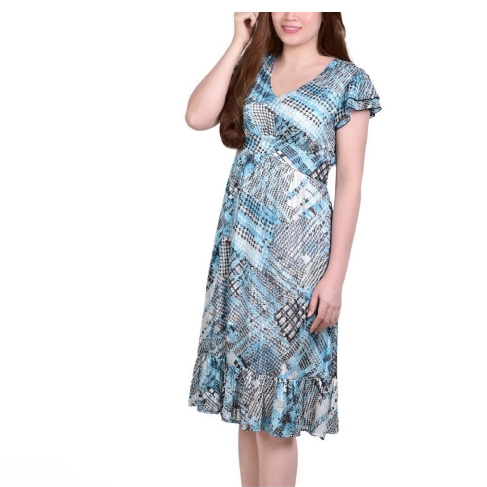 Blue abstract ruffle dress